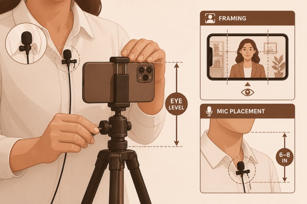 Close-up of a professional's hands positioning a smartphone on an adjustable tripod with an external lavalier microphone clipped to their collar, showing proper eye-level framing and microphone placement