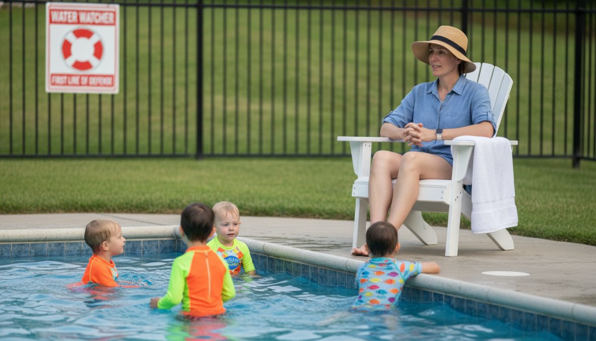 Adult sitting poolside in chair actively watching children swimming in water, focused supervision without distractions, natural sunlight