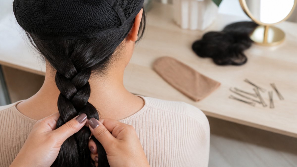 Step-by-step guide showing how to braid long hair flat for a wig cap