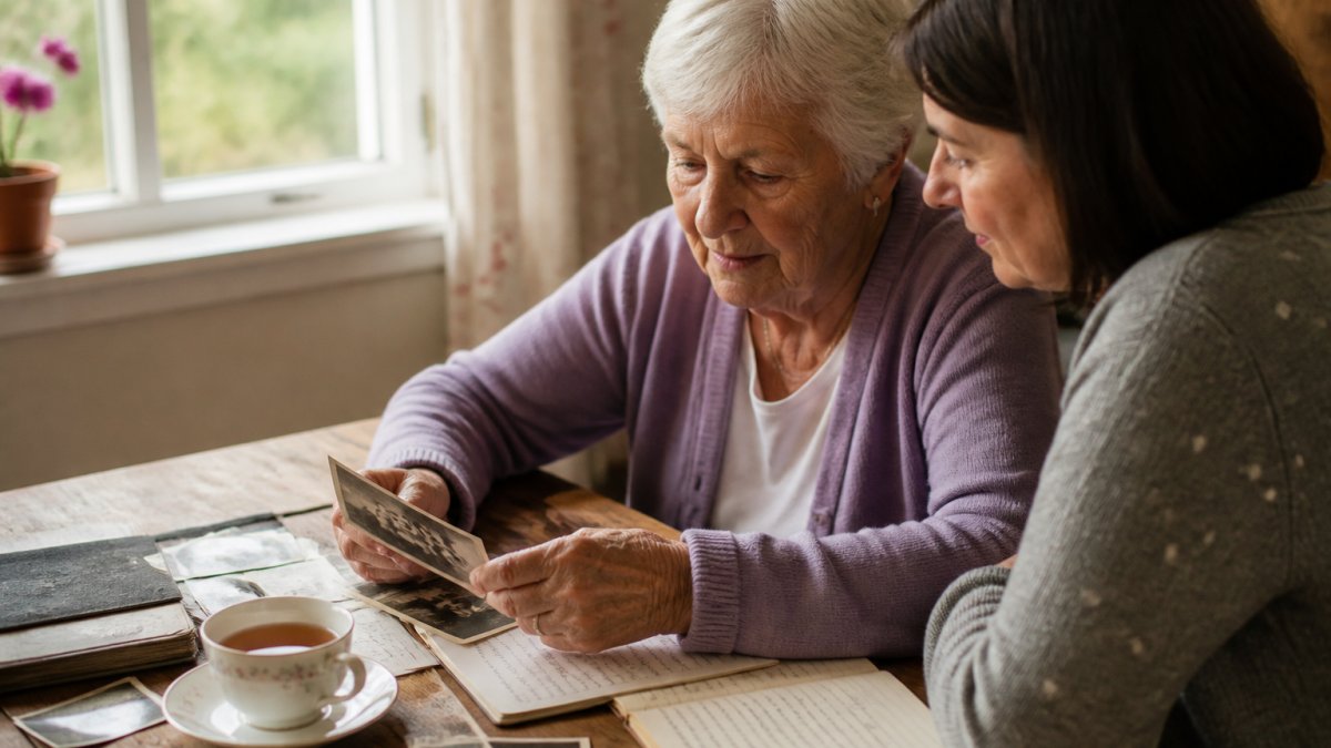 An older adult sitting with a family member at a wooden table, examining a vintage black-and-white photograph together, with handwritten notes and a cup of tea visible nearby, natural afternoon light streaming through a window