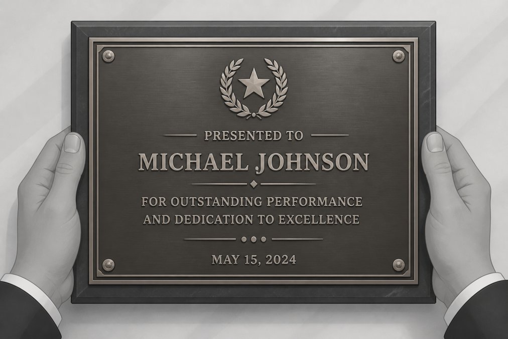 Close-up of an engraved plaque being held by hands, showing clear professional text with recipient name, achievement details, and date etched into polished bronze or marble surface