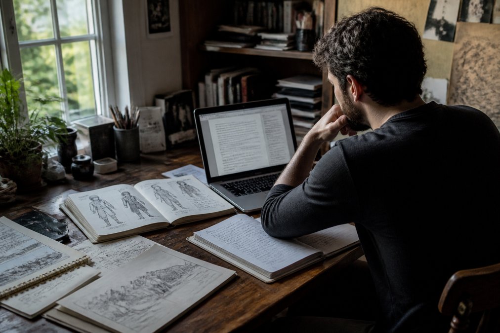 Author sitting at wooden desk with open notebooks, character sketches, and world-building notes spread across the surface, reviewing a document on laptop with natural window light