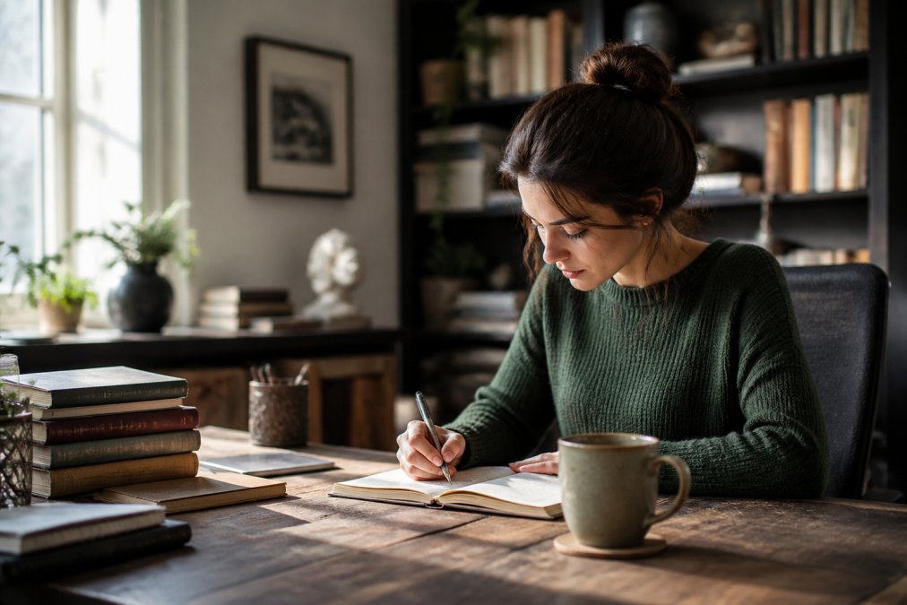 Writer at home workspace with warm coffee cup, focused expression, calm natural light streaming through window, relaxed but concentrated posture