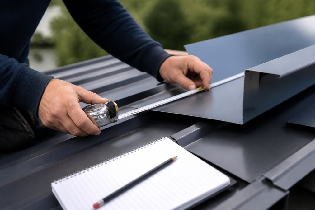 Close-up of a tradesperson's hands using a steel tape measure against a sheet metal flashing profile on a rooftop, with a notepad and pencil resting on the surface