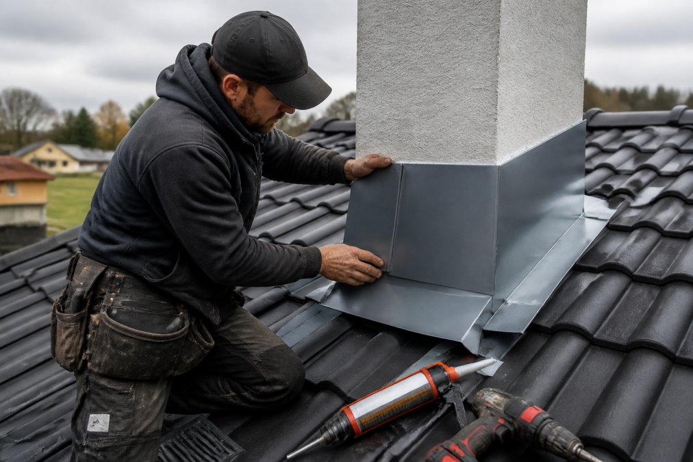 A roofer in work gear carefully fitting a custom metal pipe flashing collar around a chimney on a residential roof, with tools and sealant visible nearby