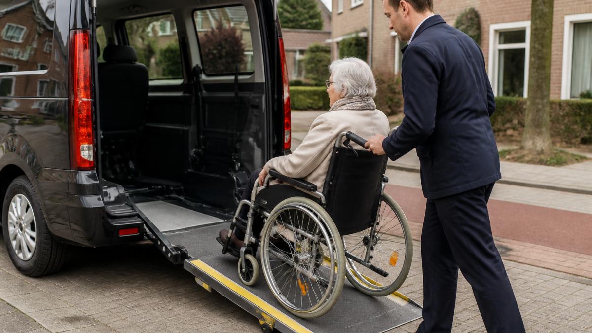Een ervaren chauffeur in nette kleding helpt een oudere mevrouw in een rolstoel vriendelijk bij het instappen van een rolstoeltoegankelijk busje met een uitklapbare oprijplaat, op een rustige straat in een Nederlandse woonwijk