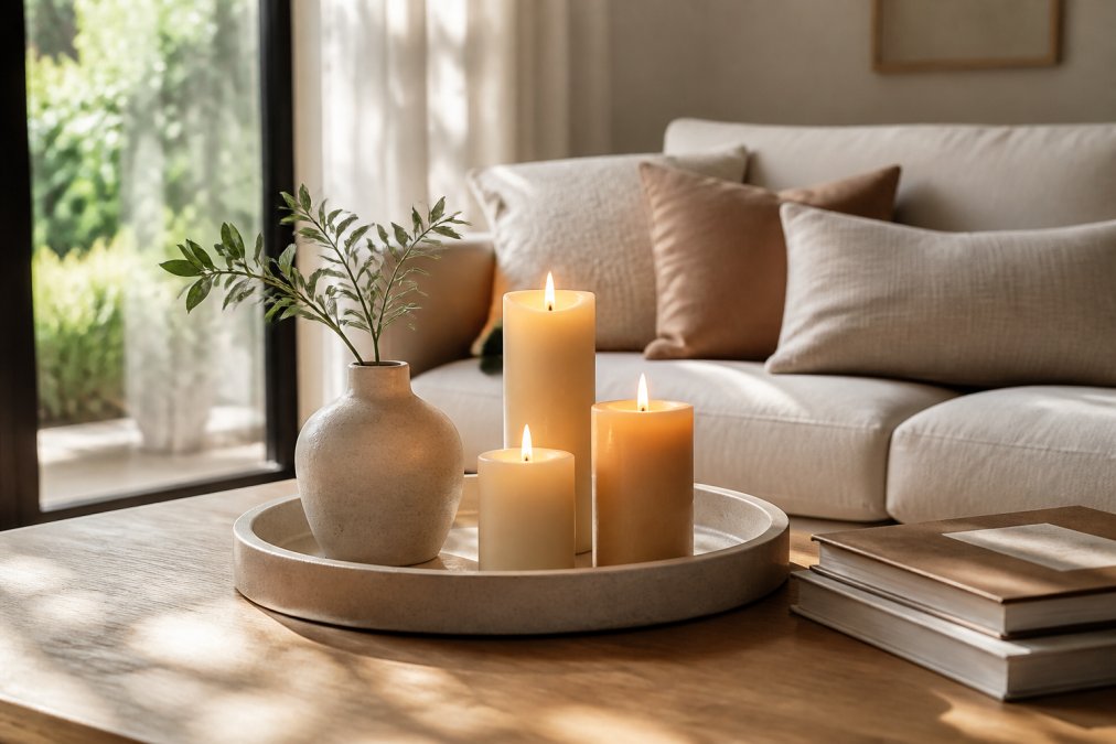 Een stijlvolle woonkamer met een dienblad waarop drie geurkaarsen van verschillende hoogtes staan, naast een keramische vaas en een stapel boeken, warm natuurlijk licht valt door een raam op een houten tafel