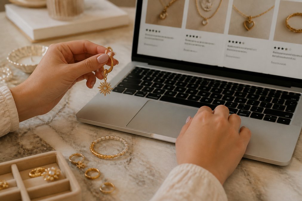 Close-up van handen die een laptop gebruiken om een online sieradenwebshop te bekijken met productfoto's en klantbeoordelingen zichtbaar op het scherm
