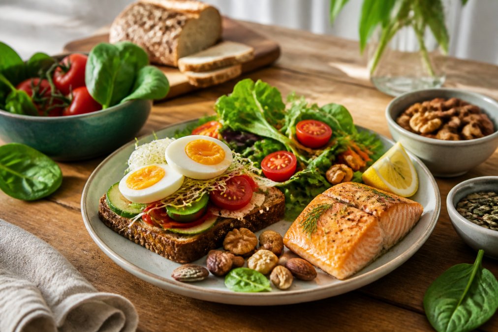Gezonde maaltijd met volkorenbrood, groenten, noten en vis voor meer energie dagelijks op een houten tafel in daglicht.