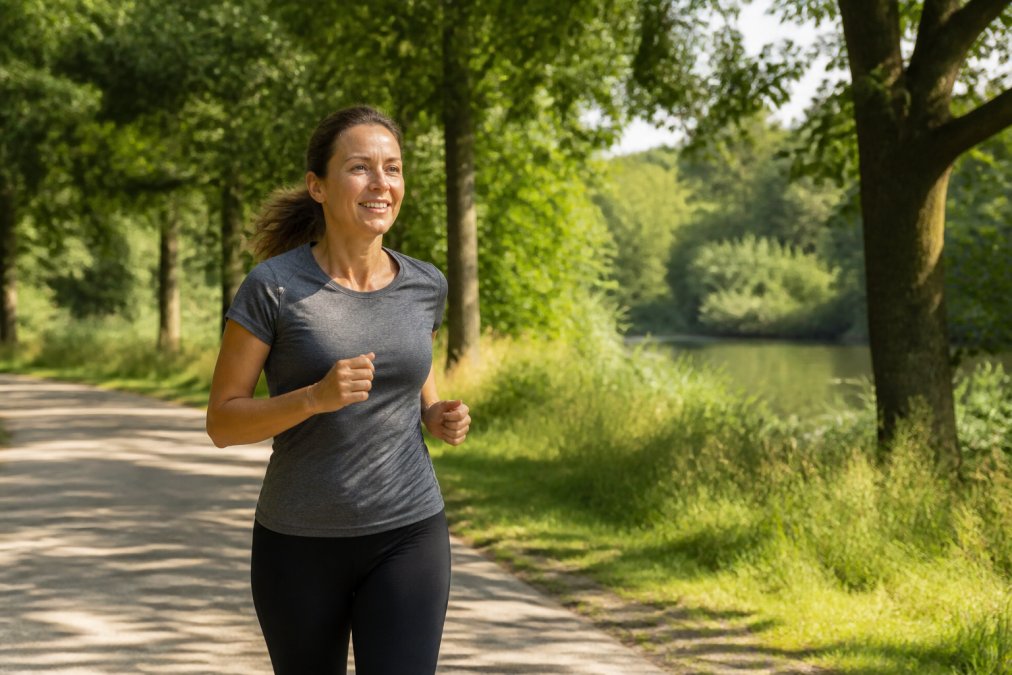 Vrouw van in de veertig jogt in een groen park voor meer energie dagelijks door actieve beweging in de frisse buitenlucht.