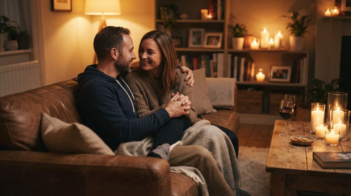 Een koppel zit dicht tegen elkaar aan op een comfortabele bank in een warm verlicht huis, met aangestoken kaarsen op de achtergrond en volle aandacht voor elkaar