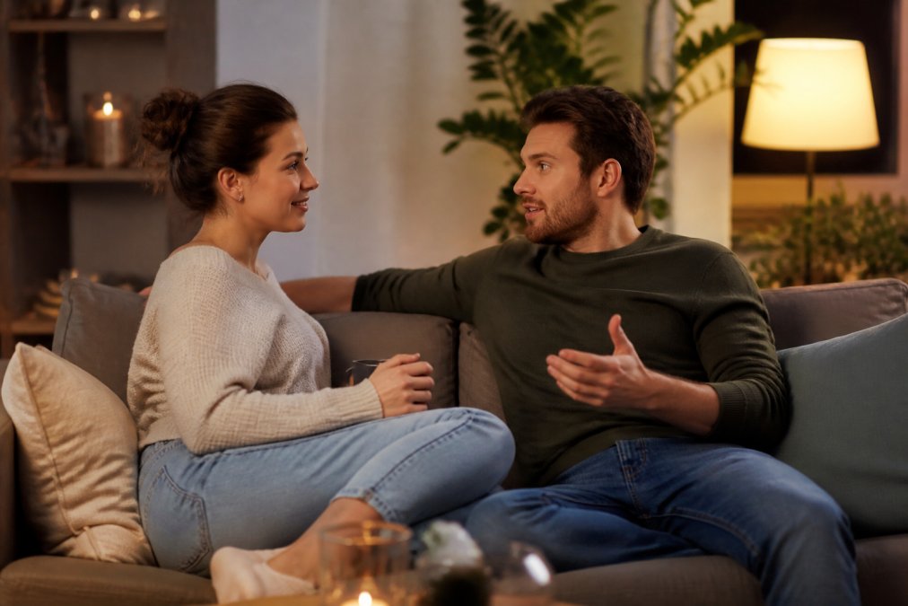 Een stel zit ontspannen tegenover elkaar op een bank in een warm verlichte woonkamer, ze praten en lachen zacht naar elkaar toe, intieme en veilige sfeer