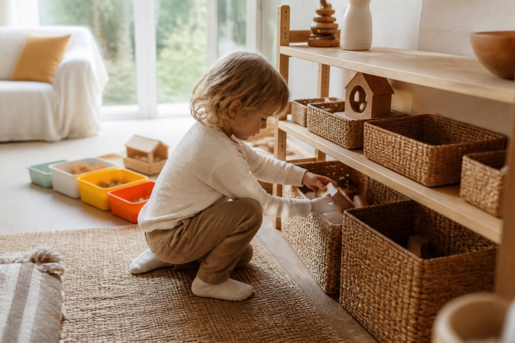 Kind van vier jaar ruimt houten speelgoed op in lage manden bij het opruimen met kinderen in de woonkamer.