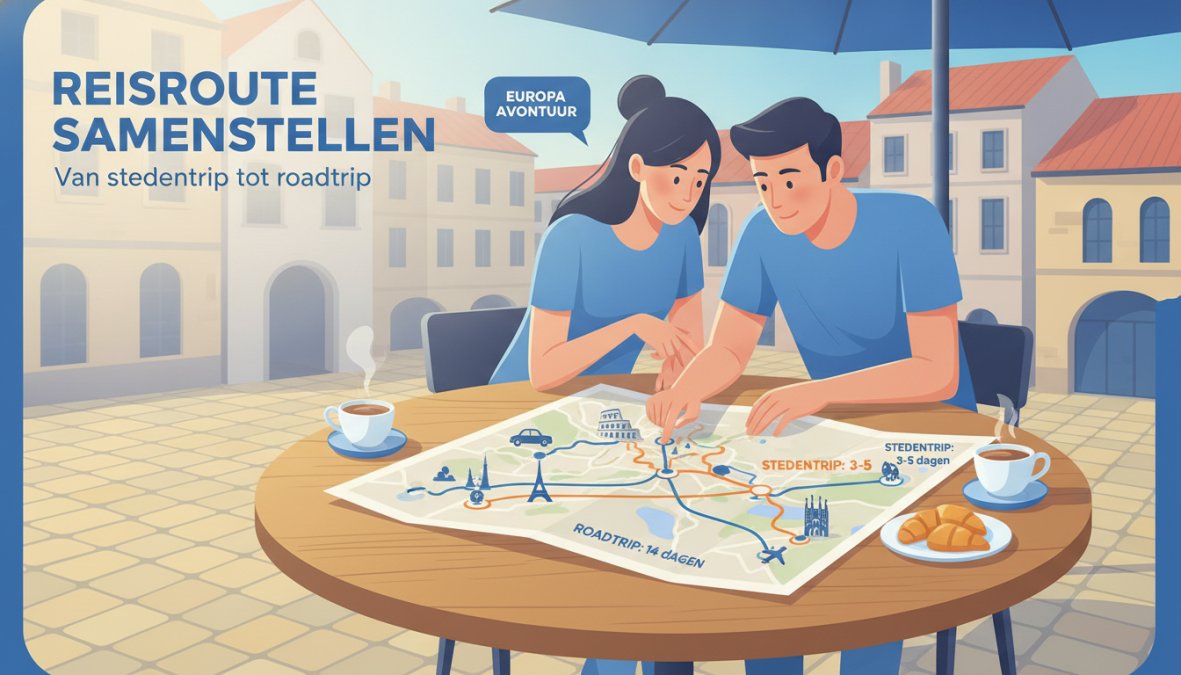 Een stel dat een papieren kaart bestudeert, uitgespreid op een cafétafel in een charmant Europees stadsplein met geplaveide straten, koffiekopjes erbij en zonlicht op de keien