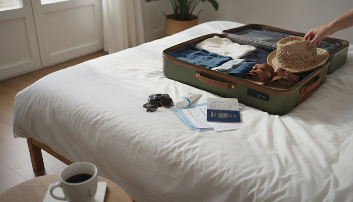 Een open koffer die wordt ingepakt met reisessentials: paspoort, reisdocumenten, zonnebrandcrème en netjes gevouwen kleding op een bed, warm daglicht door een raam
