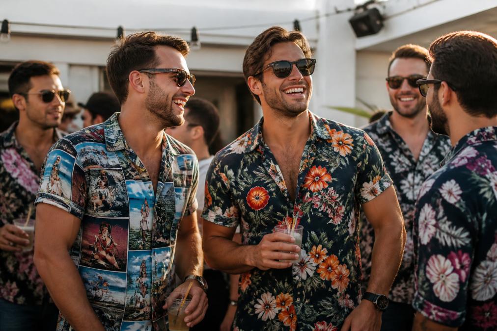 Group of young men wearing bold graphic party shirts at a casual outdoor gathering, laughing and standing together with confident posture and natural sunlight