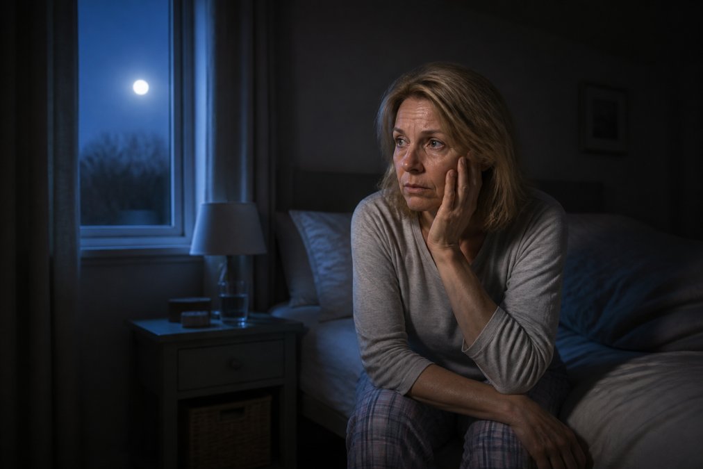 A woman in her late 40s sitting on the edge of her bed in a dimly lit bedroom at night, looking tired and thoughtful, soft moonlight through the window