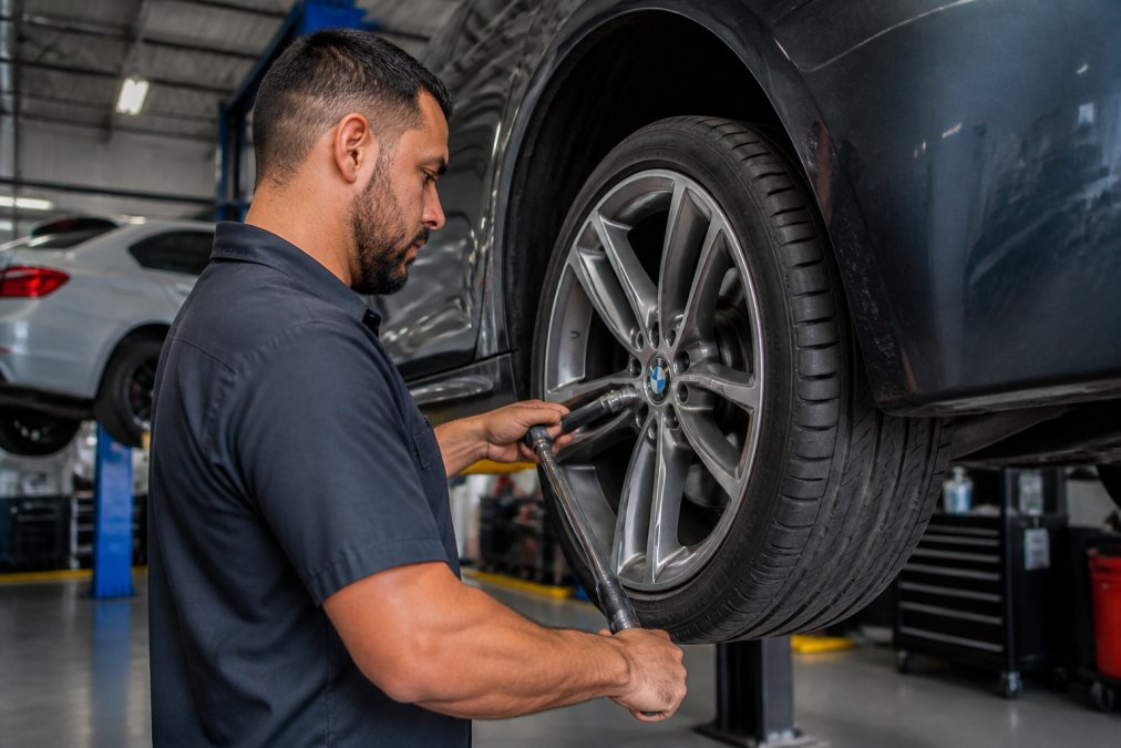 Mechanic using a torque wrench to install a new tire on a luxury vehicle wheel in a modern auto shop