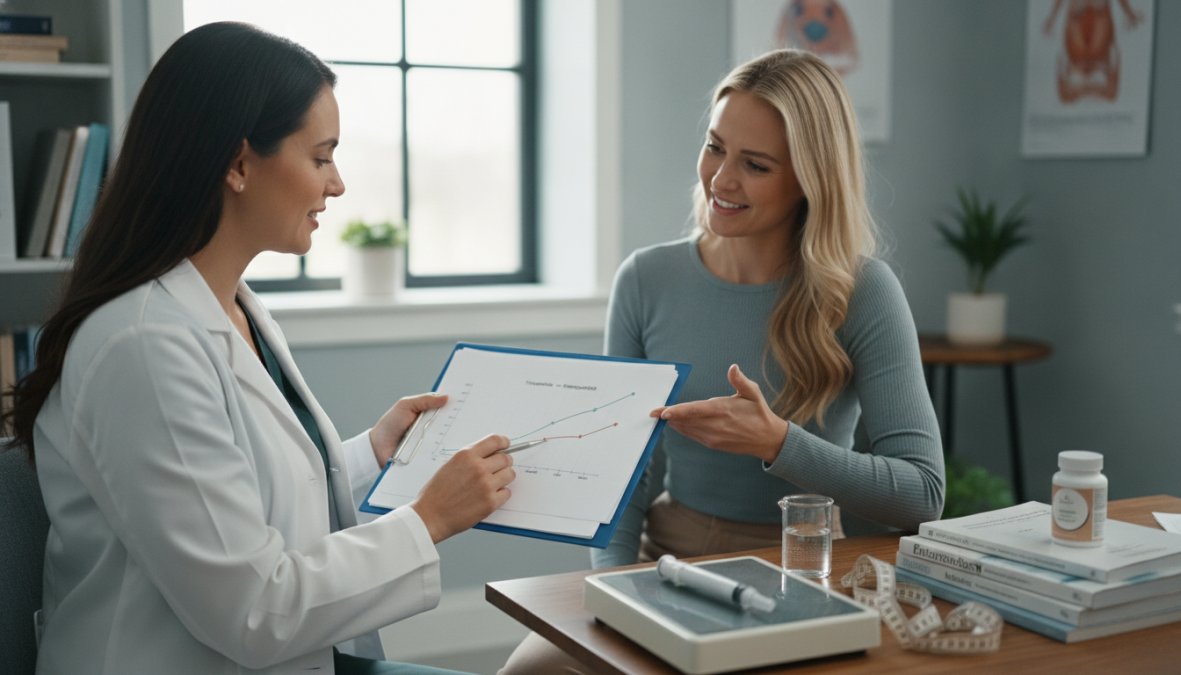 Healthcare provider reviewing patient weight loss progress charts and metabolic measurements with patient in clinical consultation room with natural lighting