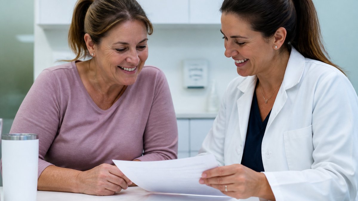 Woman in her 40s reviewing tirzepatide weight loss progress with a clinician in a modern office