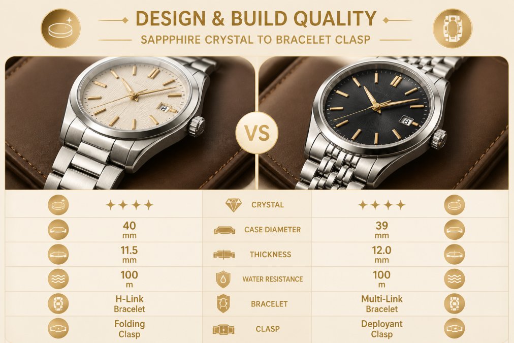 Close-up of two automatic watches side-by-side on a leather desk mat, one with a steel bracelet and one with a dark dial, showing case finishing and dial texture