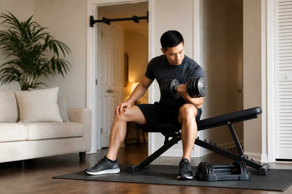 A person in a small apartment living room using an adjustable magnetic dumbbell set on a mat, with a doorway pull-up bar visible in the background
