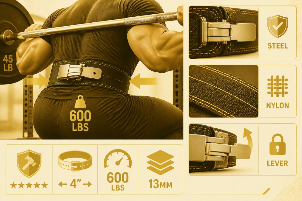 Close-up of a weightlifting belt showing steel buckle hardware, nylon stitching detail, and lever fastening system under tension during a heavy squat