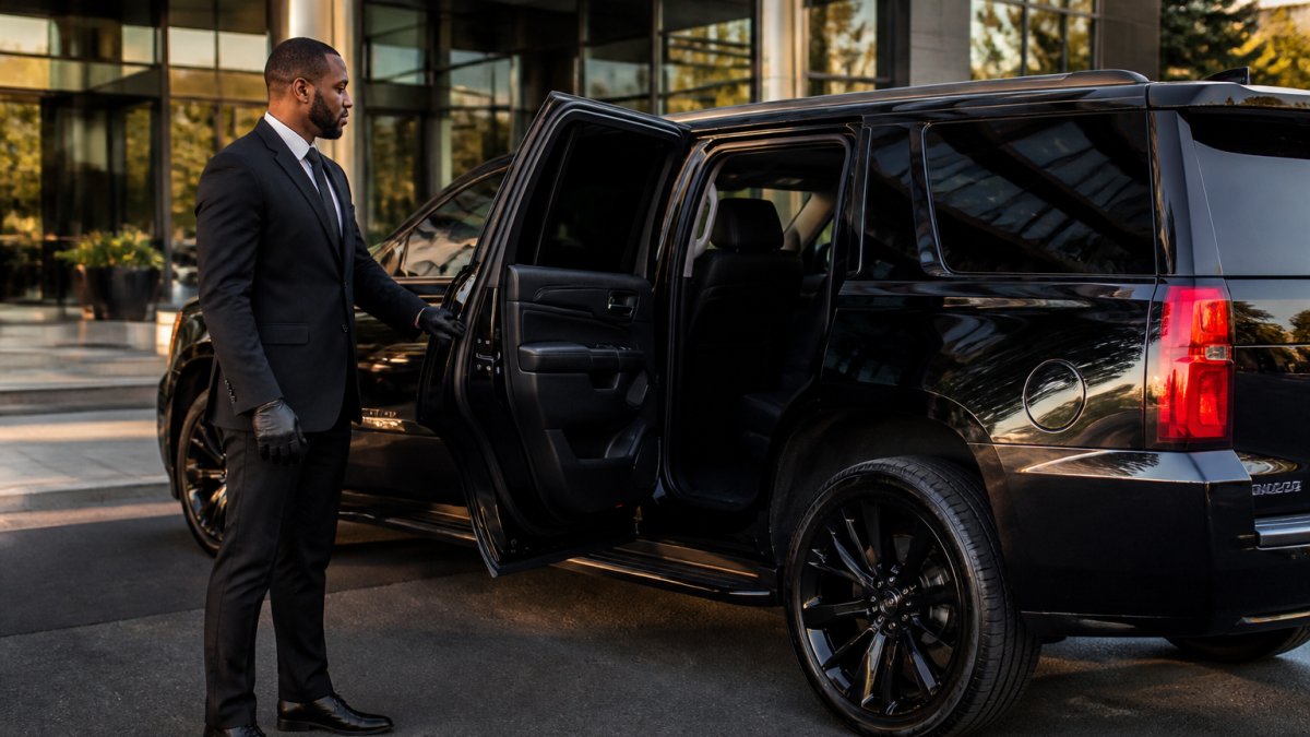 A professional chauffeur in a black suit standing beside a black luxury SUV, holding the rear passenger door open at a modern office building entrance in Charlotte, NC, morning light