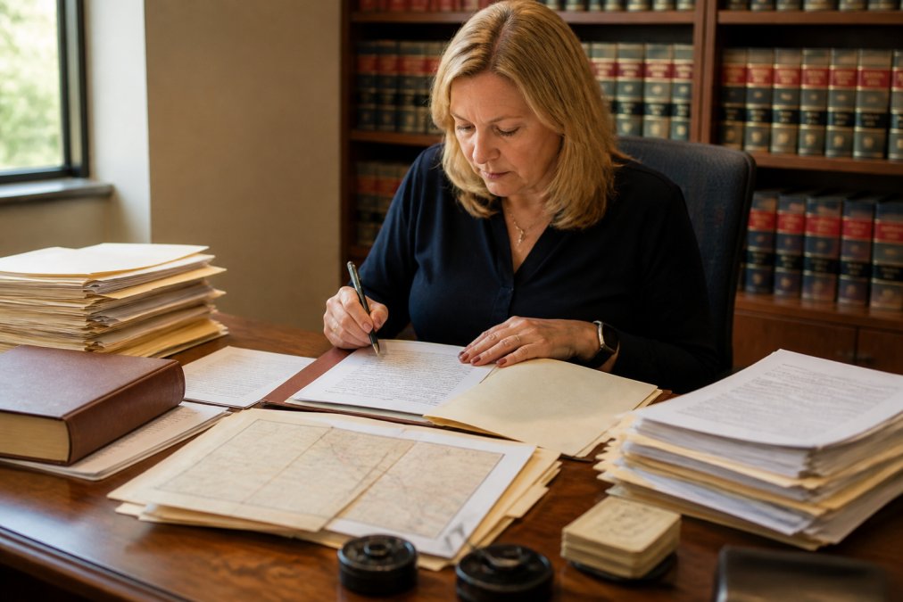 Professional title researcher working at a desk with documents and computer, reviewing property records and taking detailed notes under warm office lighting