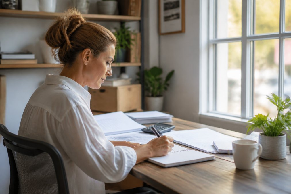 Business owner in a home office setting, reviewing financial reports and growth charts on a computer screen with natural window lighting, taking notes on profitability trends