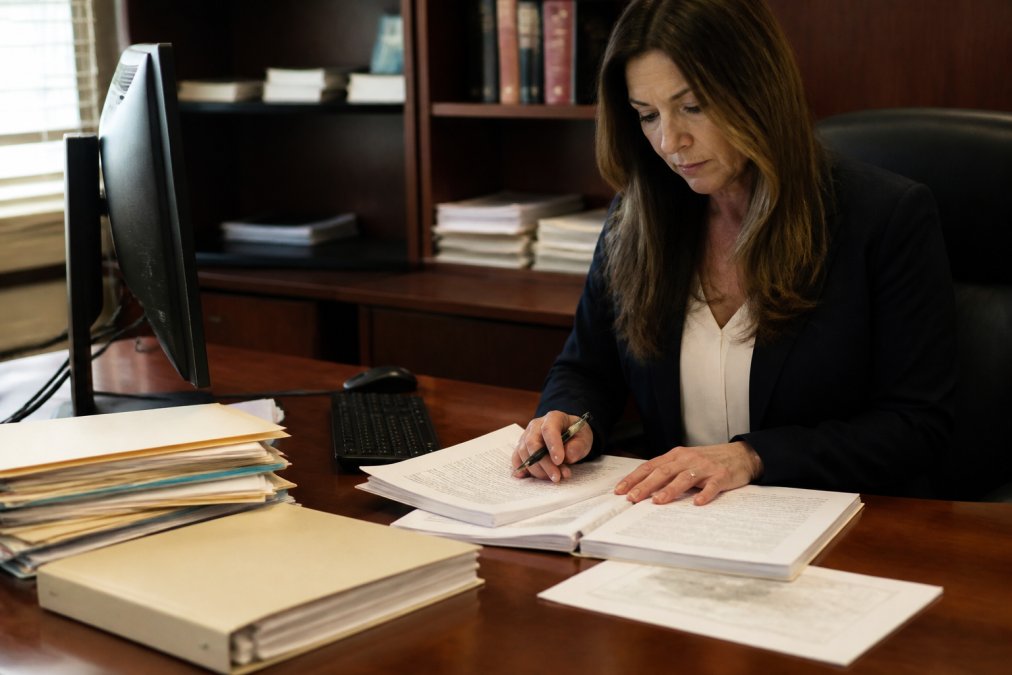 Professional researcher in business attire reviewing property documents and county records at a wooden desk, with a computer displaying public records database interface and organized file folders nearby, natural office lighting