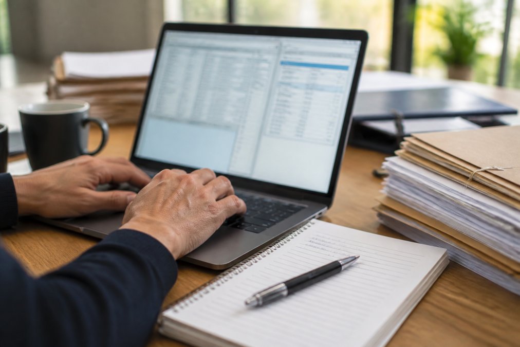 Hands using laptop keyboard to navigate online property title search database interface with multiple windows open, notepad and pen visible on desk beside computer, natural afternoon office lighting