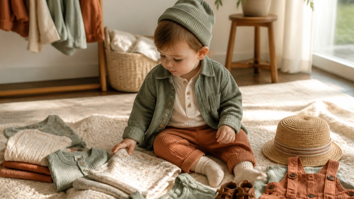 Toddler in sage and terracotta layered clothing sitting on a cream blanket with vintage-style accessories nearby.