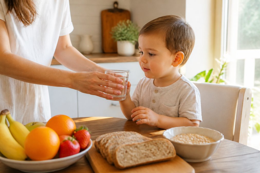 Infographic showing how fiber and water aid toddler constipation relief through diet and healthy hydration habits.