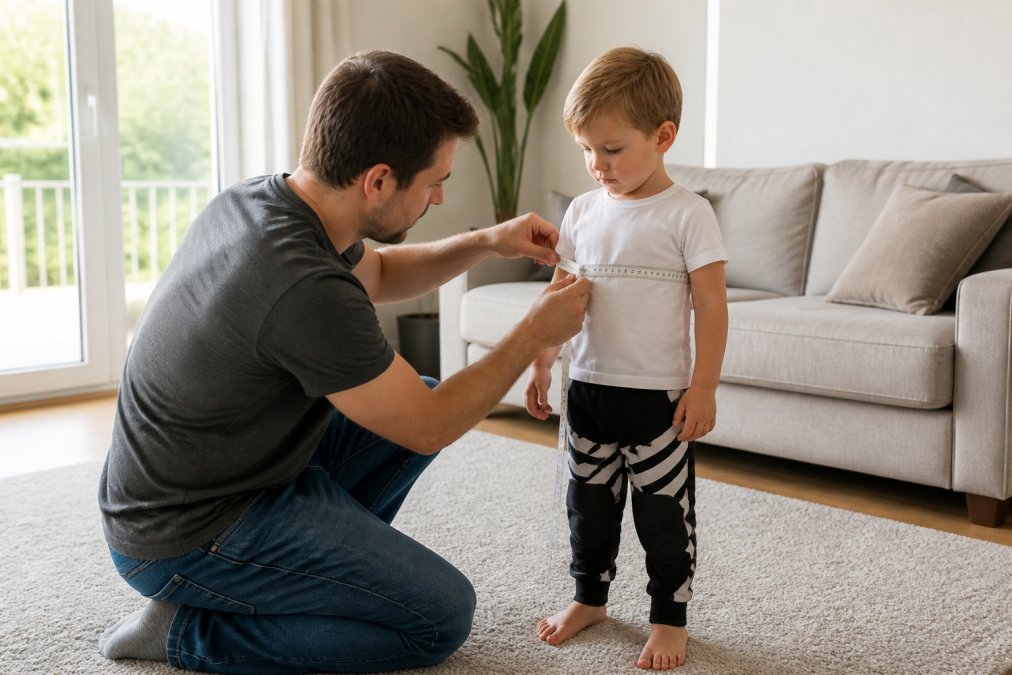 A father kneeling beside his young toddler, measuring the child's chest with a soft fabric tape measure while the child stands still in a bright living room with natural window light