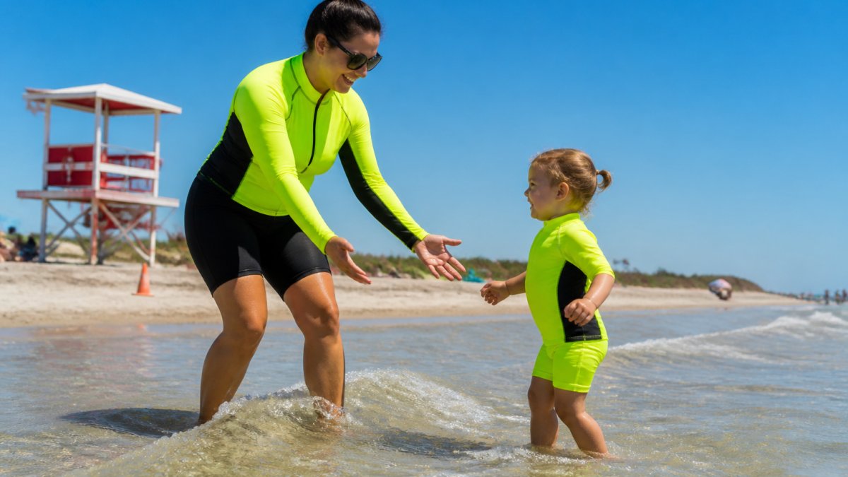 Parent in a neon rash guard supervising a toddler in the shallow water at a sunny beach near a lifeguard tower