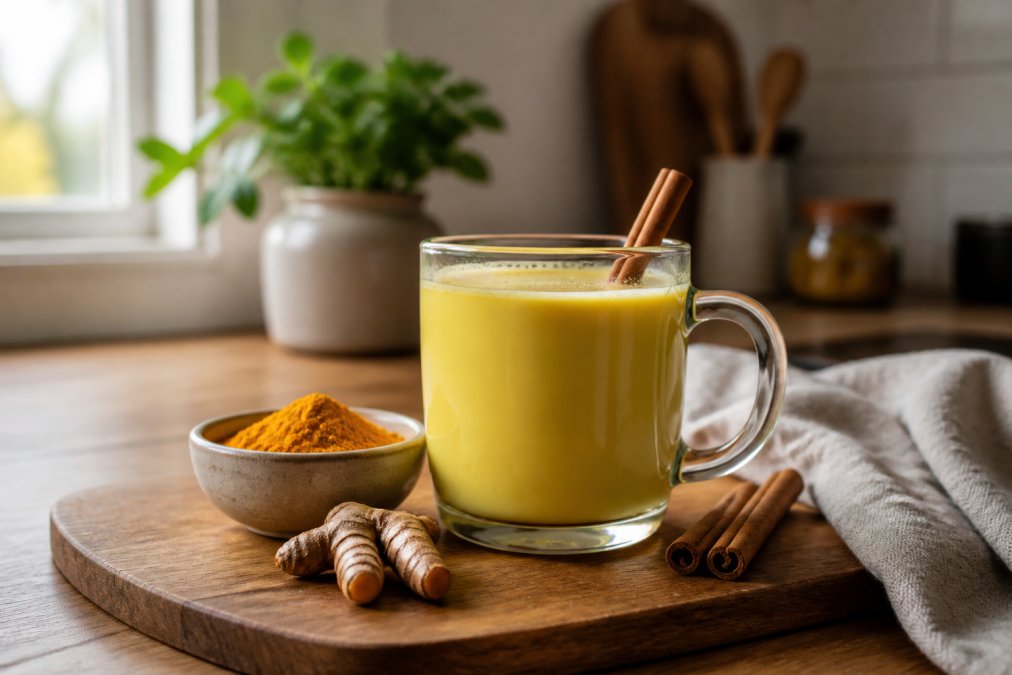 A warm, softly lit kitchen scene showing a glass mug of golden milk with a cinnamon stick and a small bowl of turmeric powder on a wooden countertop