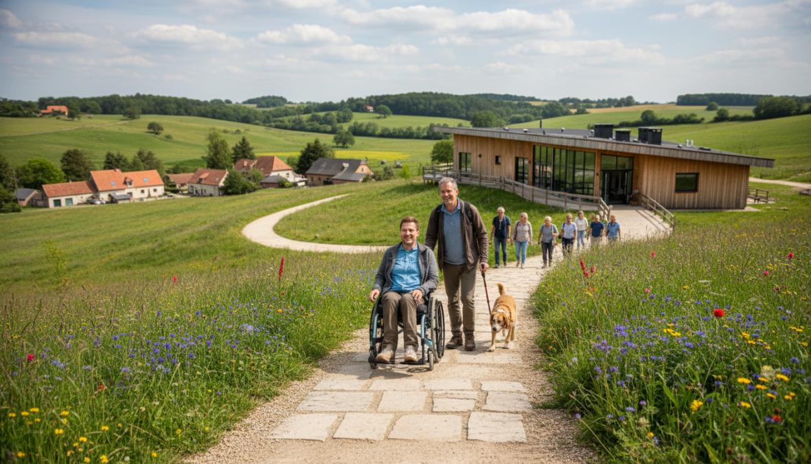 Een gezin met een volwassene in een elektrische rolstoel op een brede, verharde fietsroute door een glooiend groen heuvellandschap in de Vlaamse Ardennen, met zonneschijn en bomen langs de weg