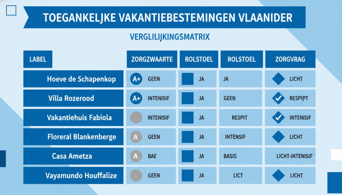 Vergelijkingsmatrix van 6 verblijven: Hoeve de Schapenkop (A+, geen zorg, rolstoeltoegankelijk, lichte zorgvraag), Villa Rozerood (A+, intensief, ja, respijtzorg), Vakantiehuis Fabiola (geen label, intensief, ja, intensieve zorgvraag), Floreal Blankenberge (A, basis, ja, lichte zorgvraag), Casa Ametza (geen label, basis, ja, lichte-intensieve zorgvraag), Vayamundo Houffalize (geen label, basis, ja, lichte zorgvraag)