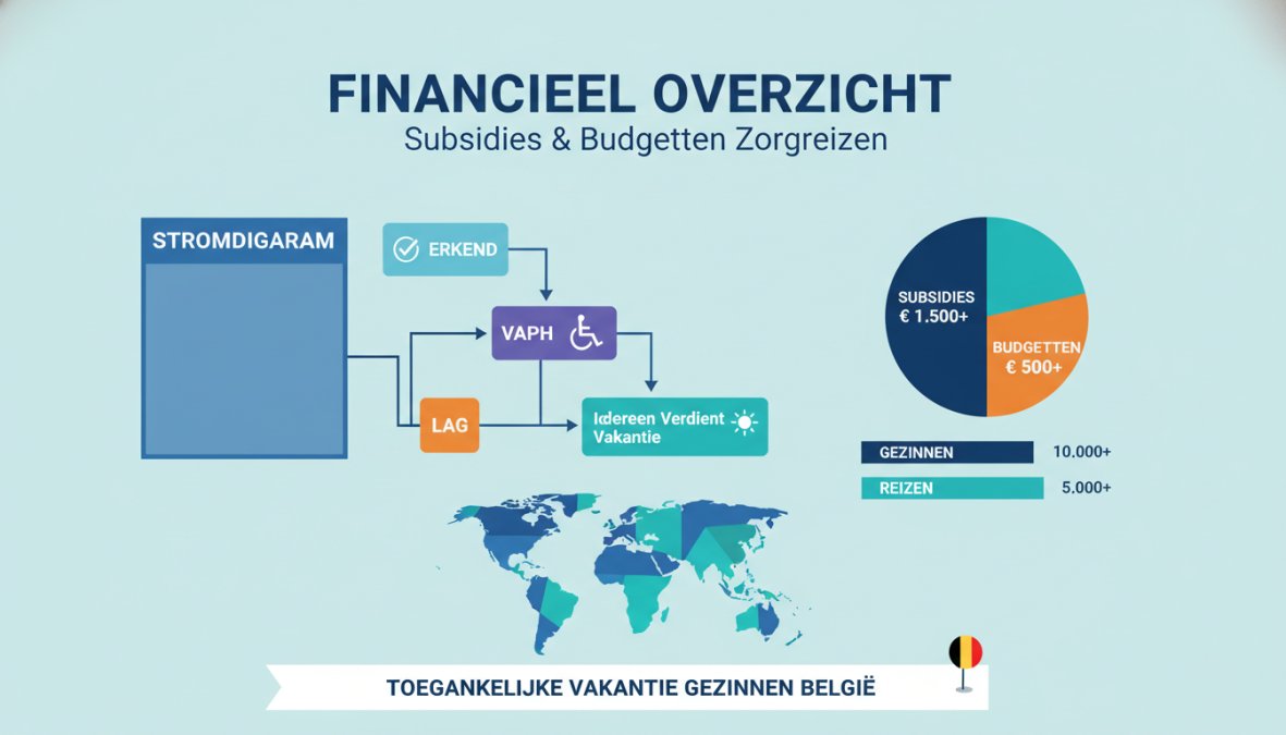 Stroomdiagram financiële steun: startpunt 'Erkende beperking?' - Ja leidt naar PVB-budget (VAPH) of PAB-budget (minderjarigen) - Nee leidt naar 'Laag inkomen?' - Ja naar Iedereen Verdient Vakantie sociaal tarief - Nee naar standaard boeking met toegankelijkheidslabel