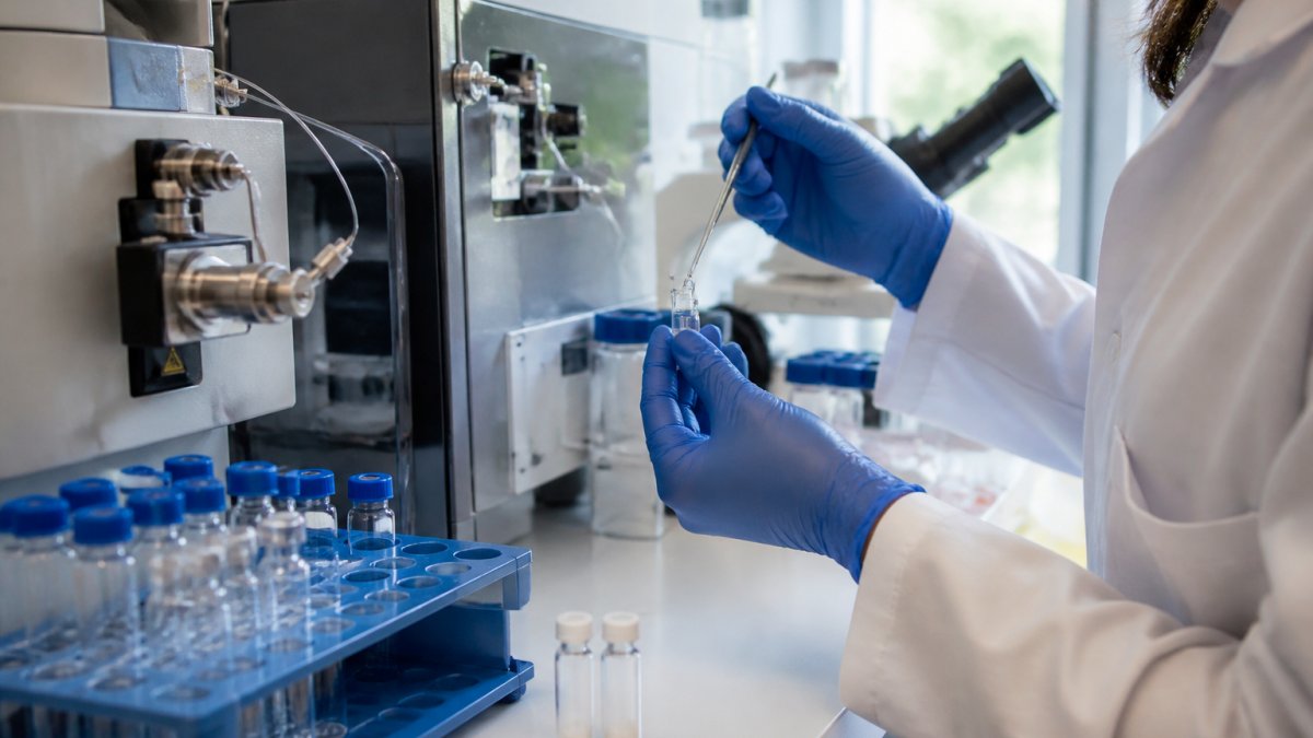 Onderzoeker in laboratorium die peptidemonsters analyseert met geavanceerde analytische apparatuur en microscoop, met testbuizen en meetinstrumenten op de werkbank