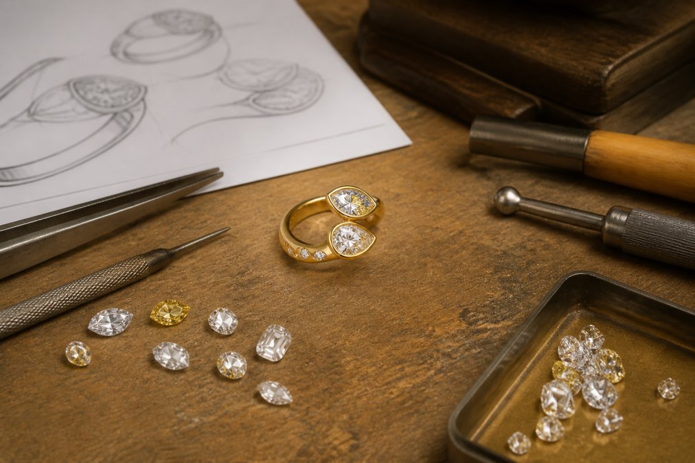 Jewelry designer's workspace with hand-sketched ring designs, loose gemstone samples in various cuts, and metalworking tools arranged on a wooden workbench with warm studio lighting