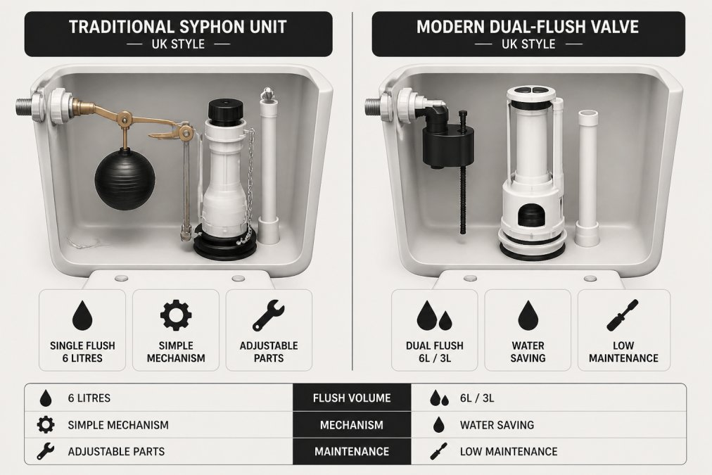 Side-by-side comparison of a traditional UK syphon unit and a modern dual-flush valve inside a cistern