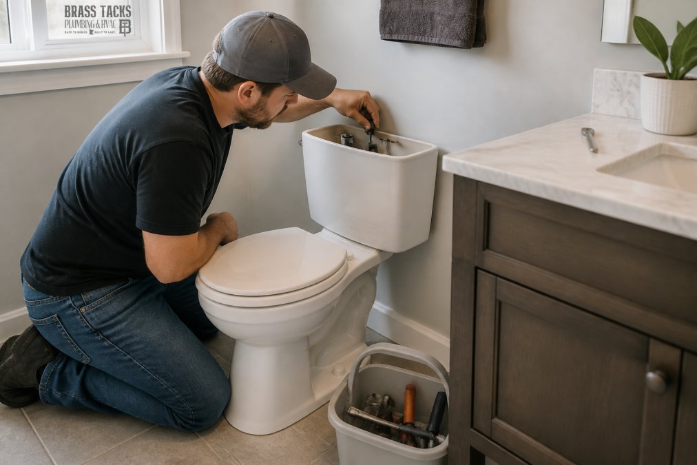 Homeowner inspecting a rubber flapper inside a toilet tank for a toilet repair project