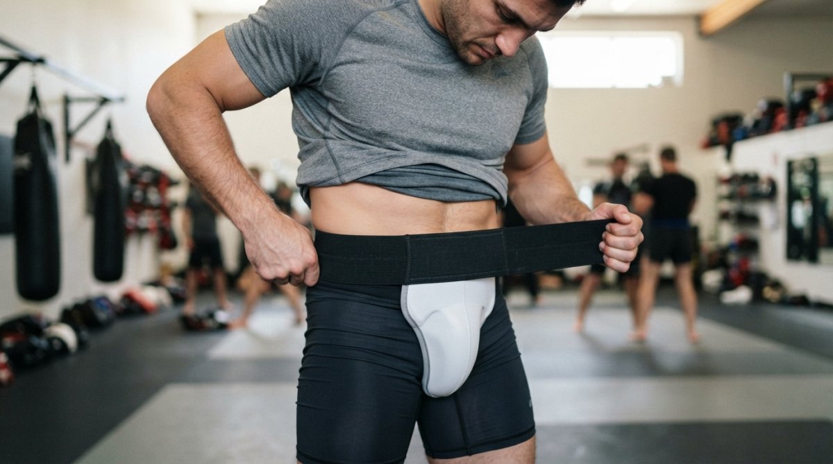 Nauwsluitende opname van een vechtsporter die een elastische tailleband van een tok aantrekt, met zichtbare juiste positie rond het lichaam en duidelijke handpositionering