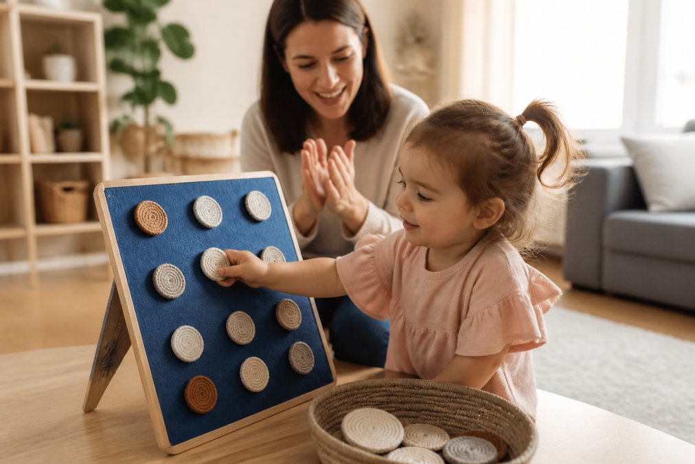 A toddler proudly placing a woven token onto a felt board while a parent claps and smiles nearby in a sunlit living room
