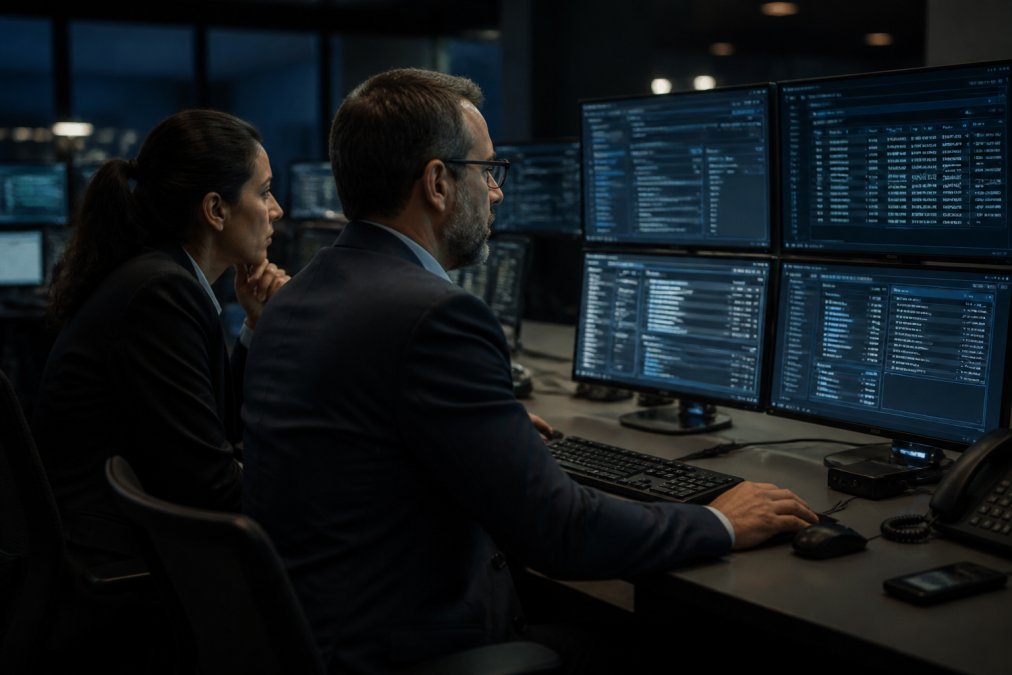 A security architect and risk officer reviewing incident response dashboards on multiple monitors in a dimly lit enterprise security operations center, with serious focused expressions