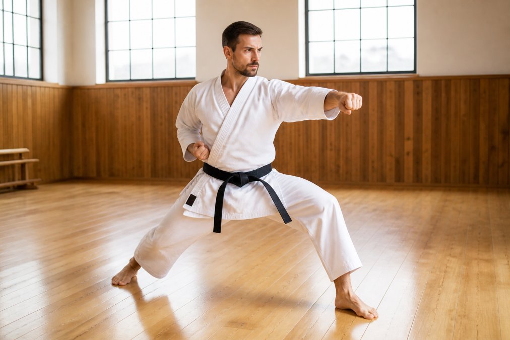Martial artist in full karate uniform performing a powerful kata stance in a bright dojo with wooden floors, showing the uniform in active use during training