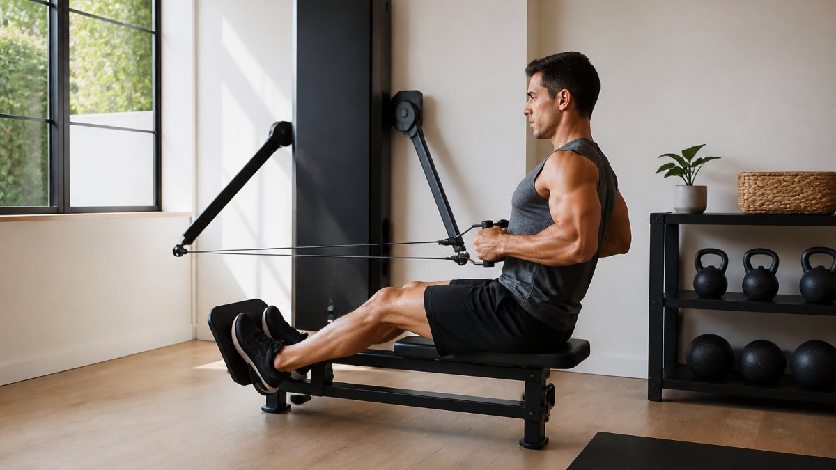 A person mid-set on a compact motorized cable resistance trainer in a bright home gym, focused expression, cables extended in a rowing motion