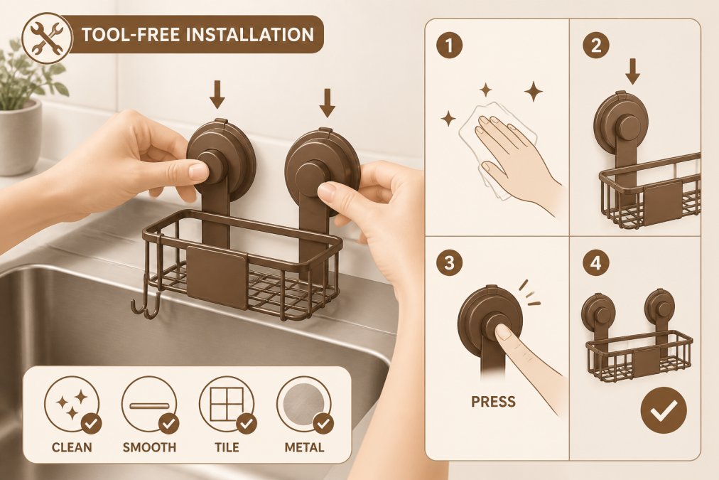 Close-up of hands pressing a suction cup organizer onto a clean kitchen sink rim without using tools, showing proper installation technique with natural kitchen lighting